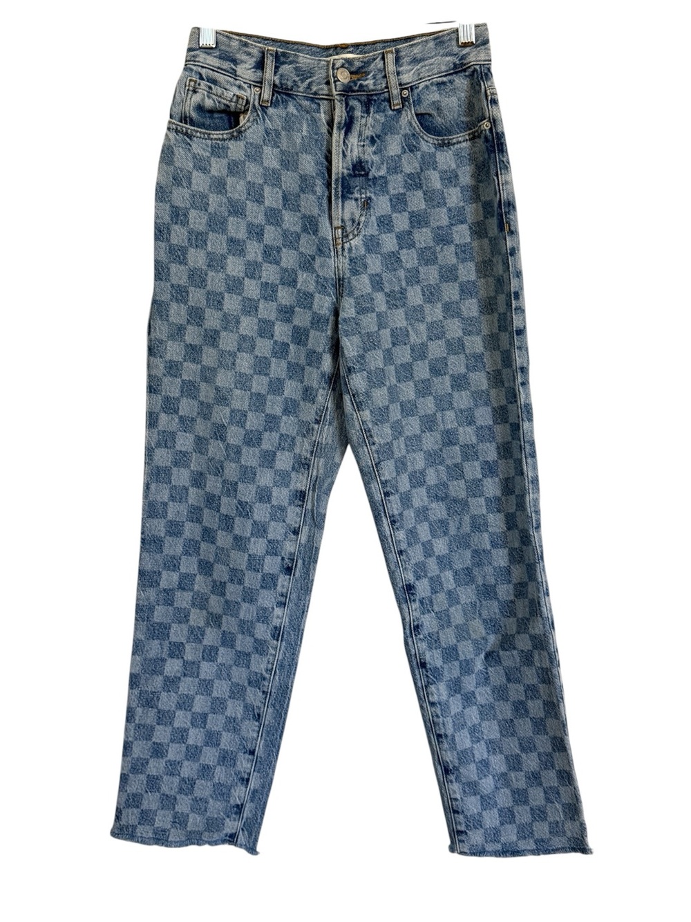 PacSun High Rise Straight Checkerboard Jeans Blue Raw Hem Women’s Size 25